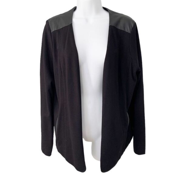 Eileen Fisher Hi-Lo Black Open Front Leather Trim Blazer Jacket - Picture 2 of 8